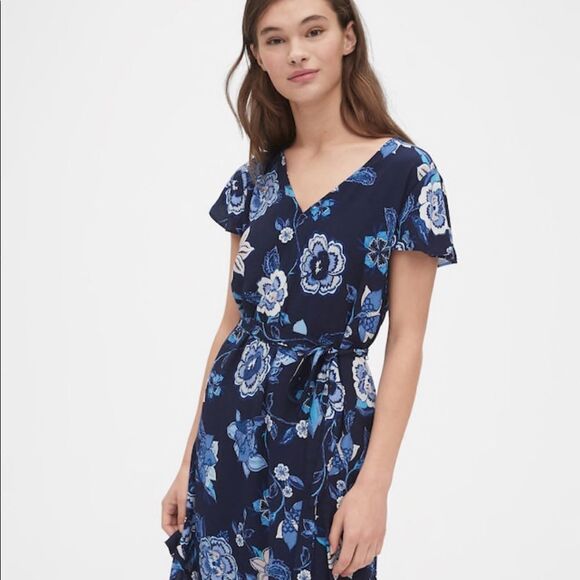 New Gap Navy Floral Flutter Sleeve Dress - S - Picture 2 of 9